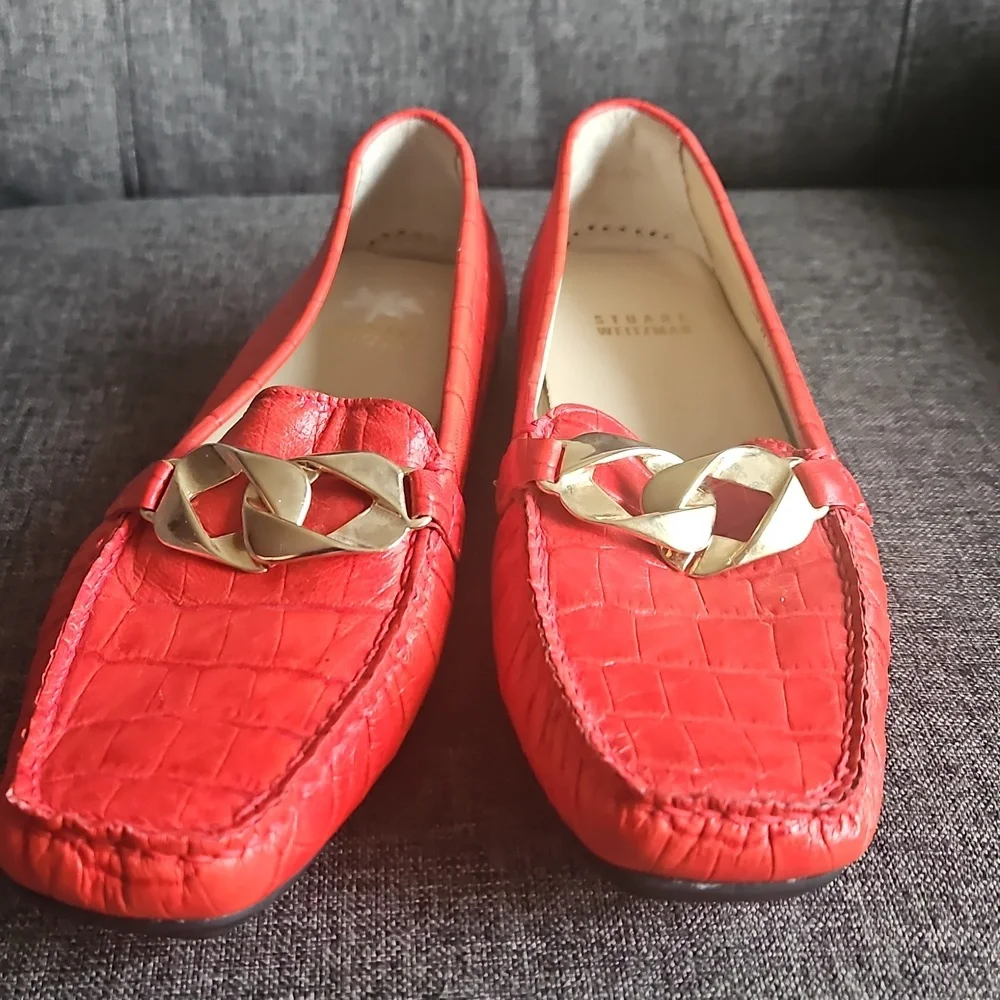 Red Stuart Weitzman patent Cocodrile leather loafers With Gold Trim - Picture 2 of 9